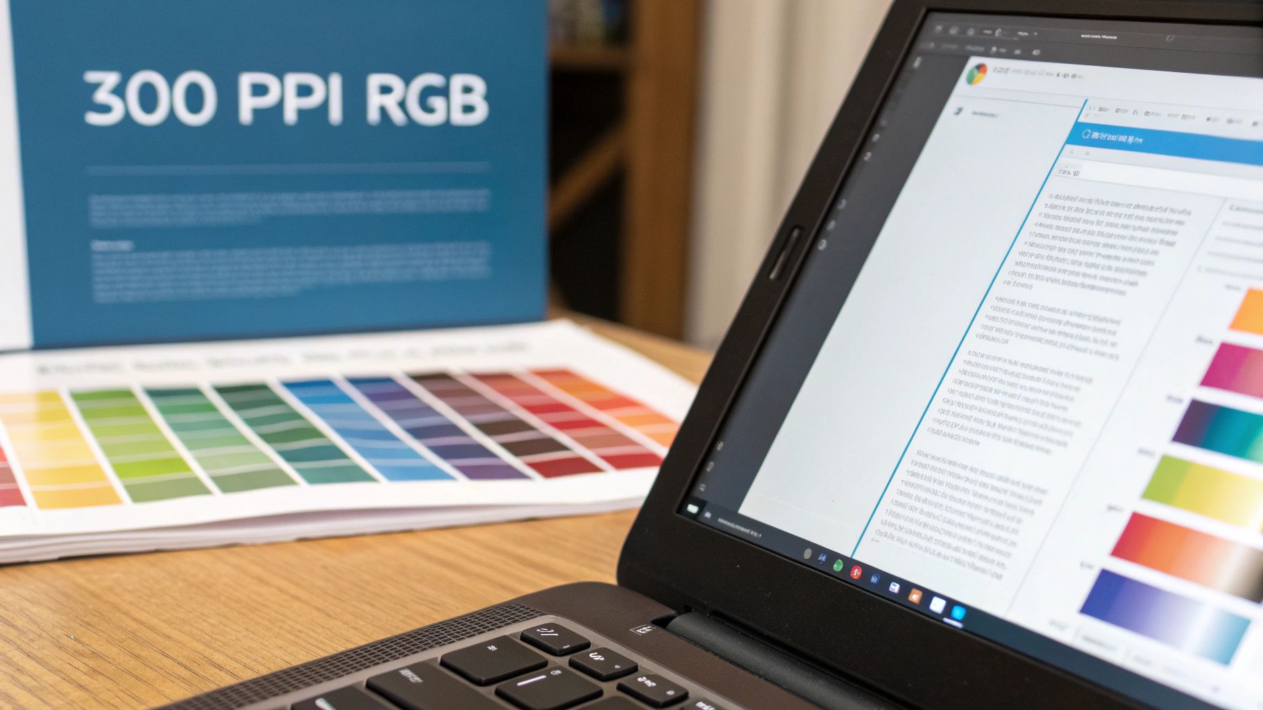 A laptop and physical color charts on a wooden desk, illustrating digital design and print color management.