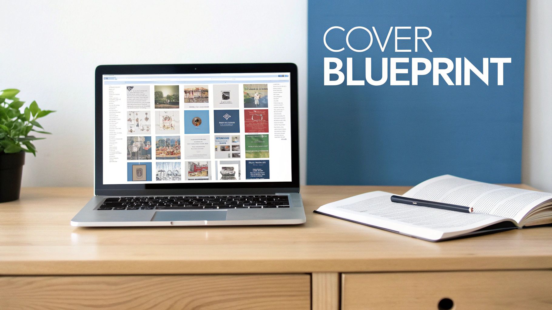 A laptop on a wooden desk displays multiple book cover designs, next to an open book and pen.