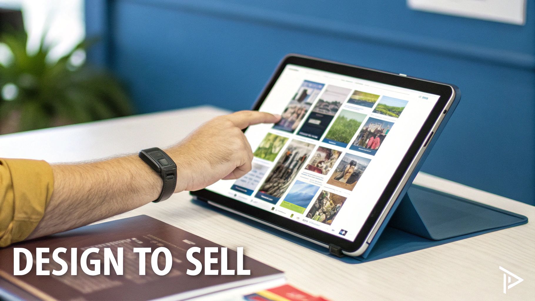 A person's hand touches a tablet screen displaying a grid of images, beside a book titled 'DESIGN TO SELL'.