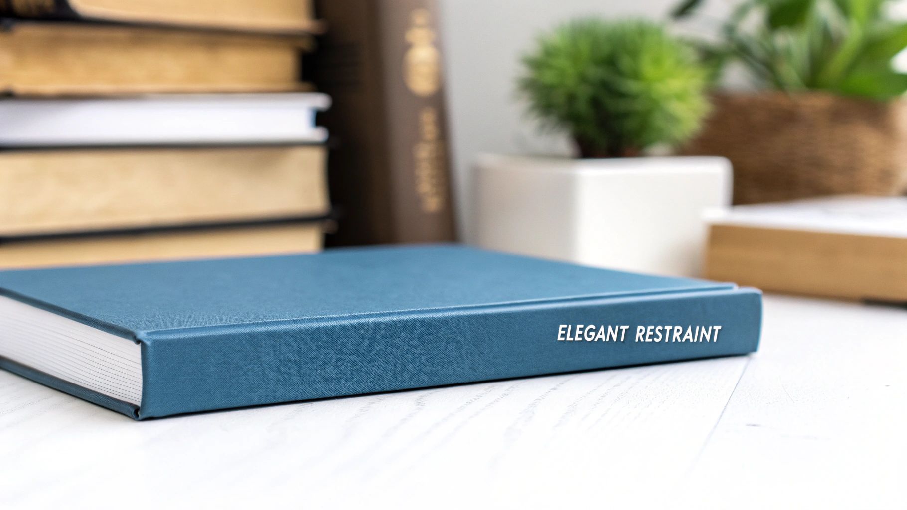 A teal blue book titled 'ELEGANT RESTRAINT' on a white desk, with blurred books and plants in the background.