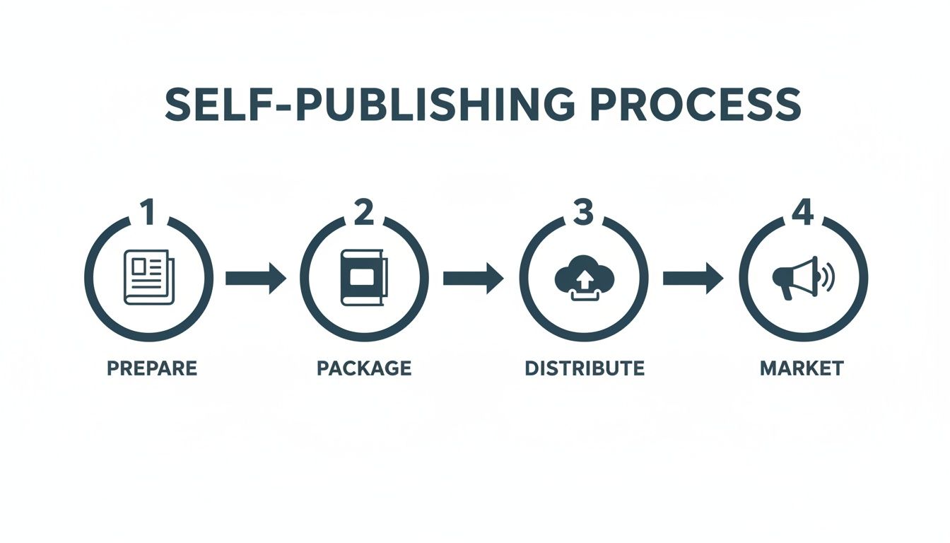 A four-step diagram illustrating the self-publishing process: Prepare, Package, Distribute, Market.