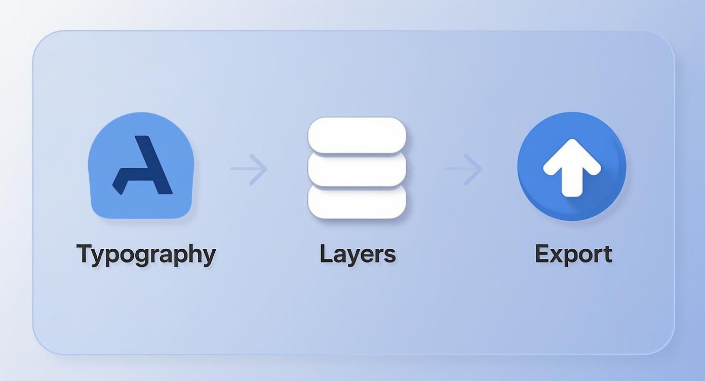 A three-step design workflow diagram illustrating Typography, Layers, and Export stages with icons.
