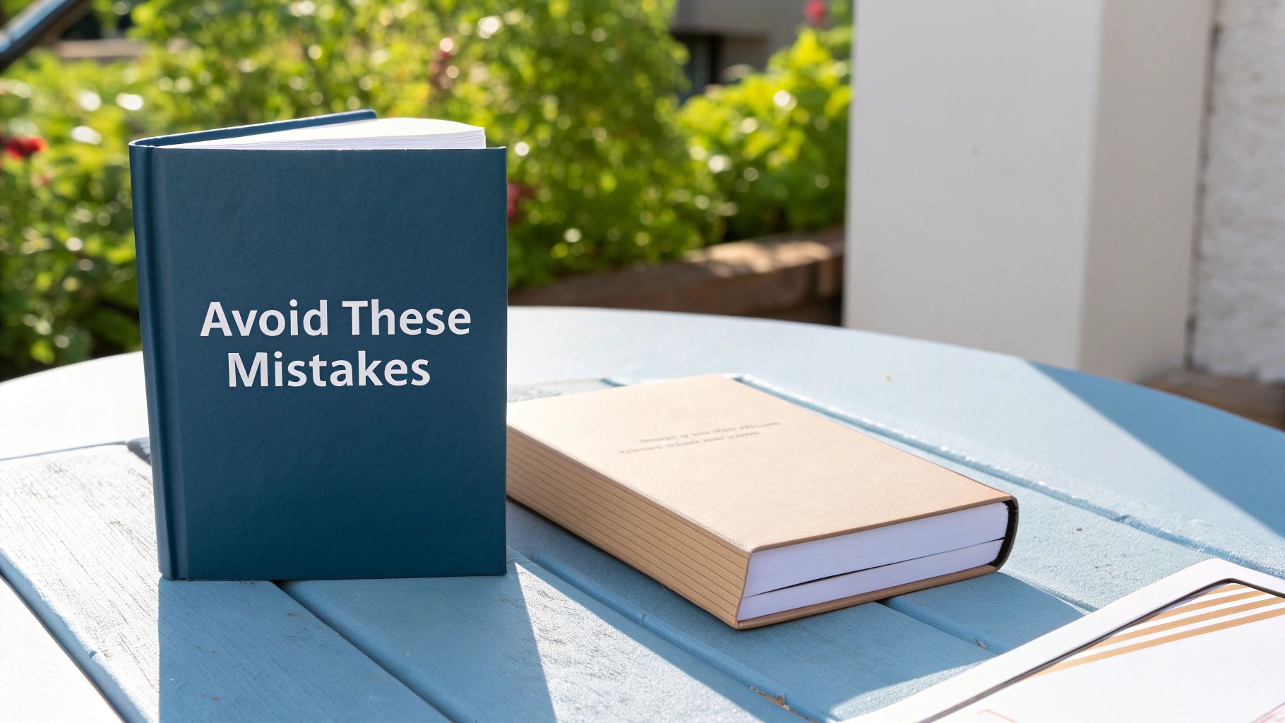 A dark blue book titled 'Avoid These Mistakes' stands on a light blue wooden table next to a beige notebook.
