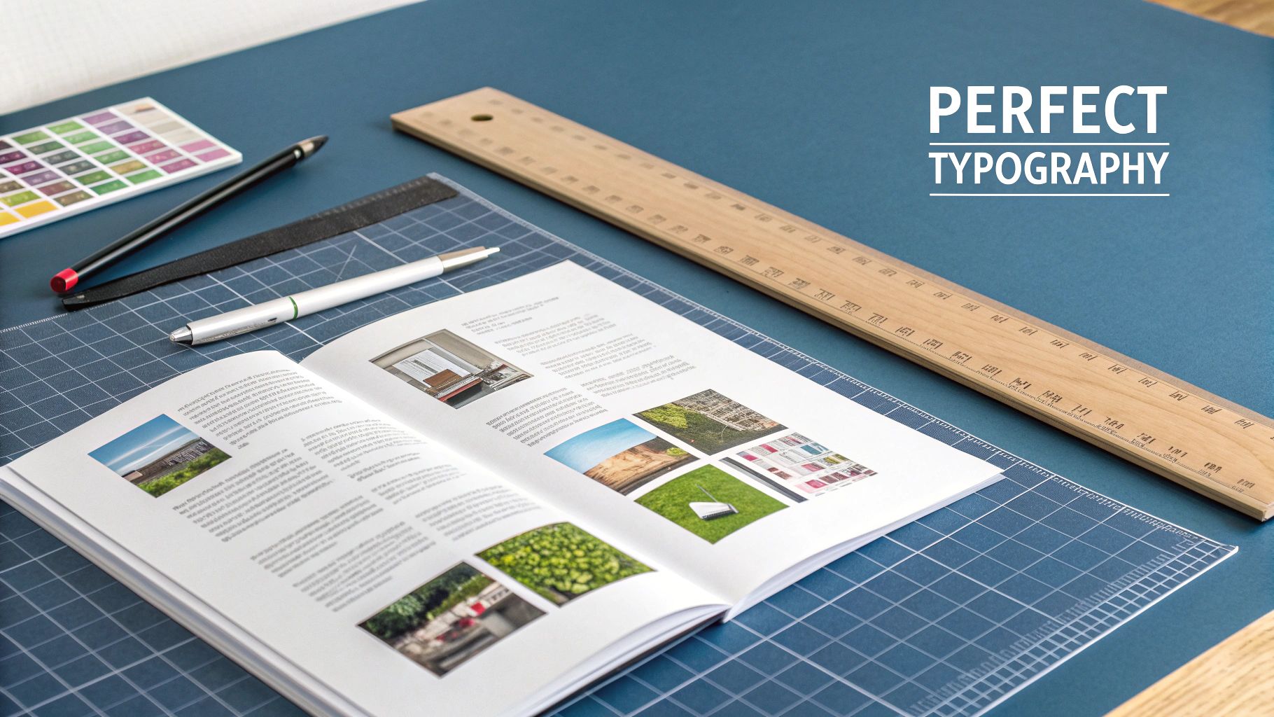 A flat lay of design tools on a blue desk, featuring an open book, ruler, pens, and color palette.