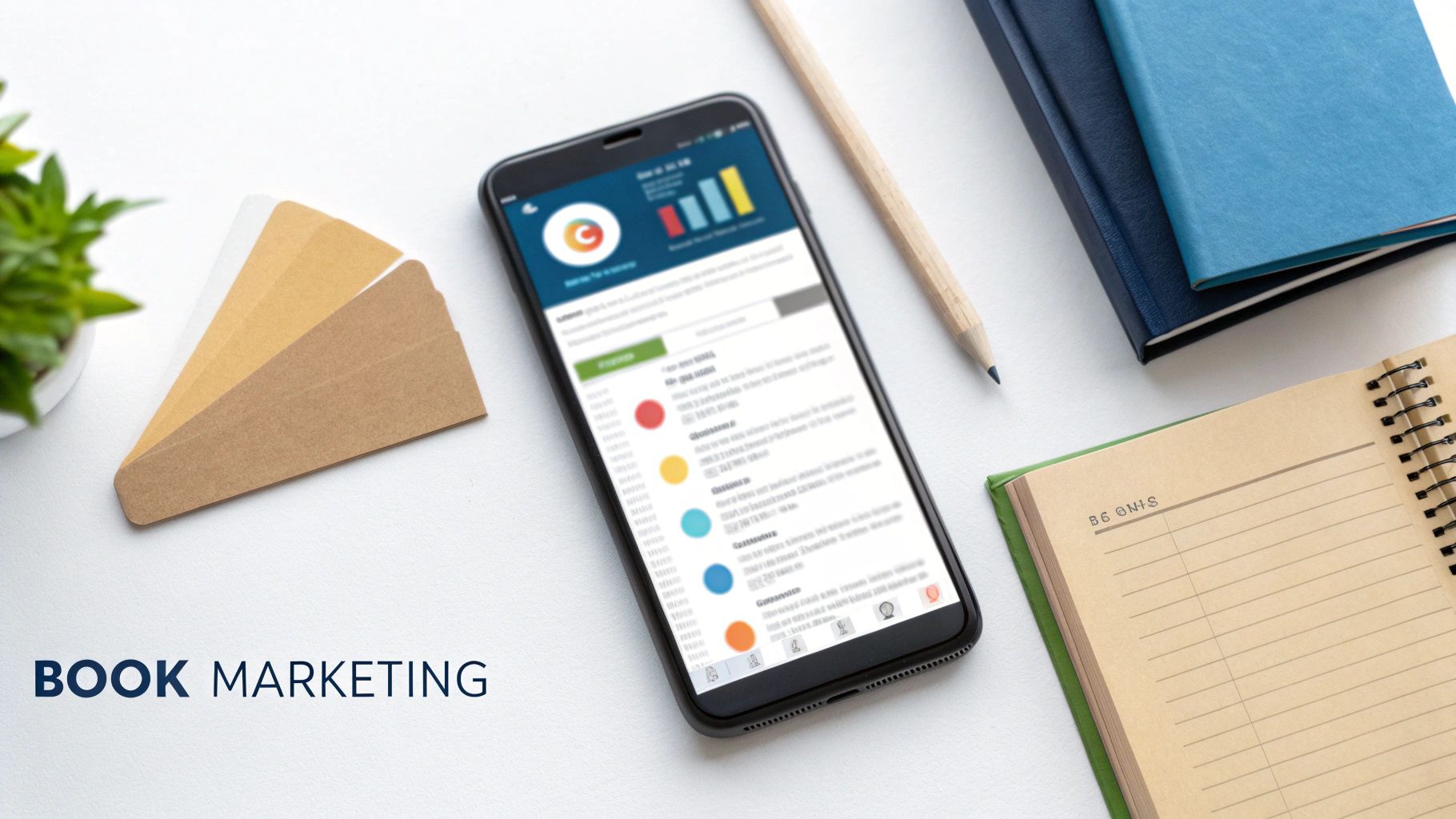 A top-down view of a desk with a smartphone showing marketing charts, notebooks, a pencil, and paper samples.