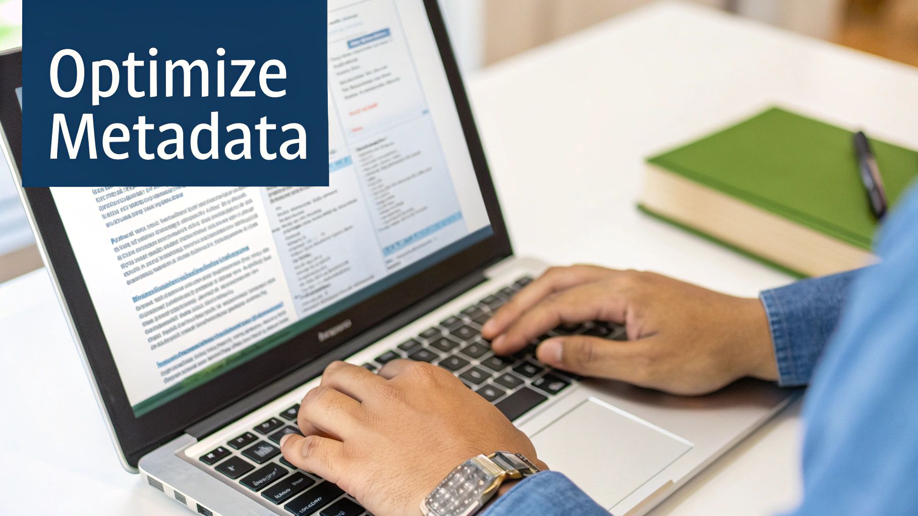 Person typing on a laptop with a blue banner displaying 'Optimize Metadata' on the screen.