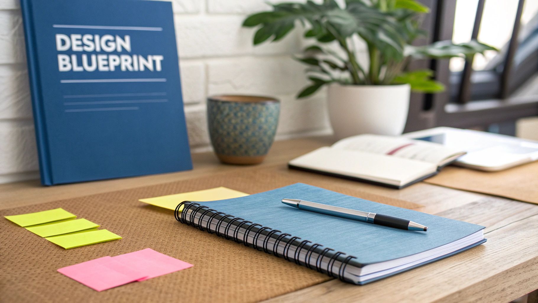 A creative workspace featuring a 'DESIGN BLUEPRINT' book, notebook, pen, sticky notes, and a plant.