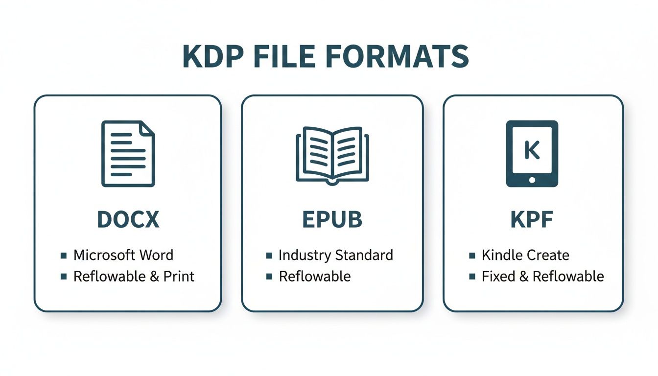 An infographic showing KDP file formats: DOCX, EPUB, and KPF, with their key characteristics and uses.