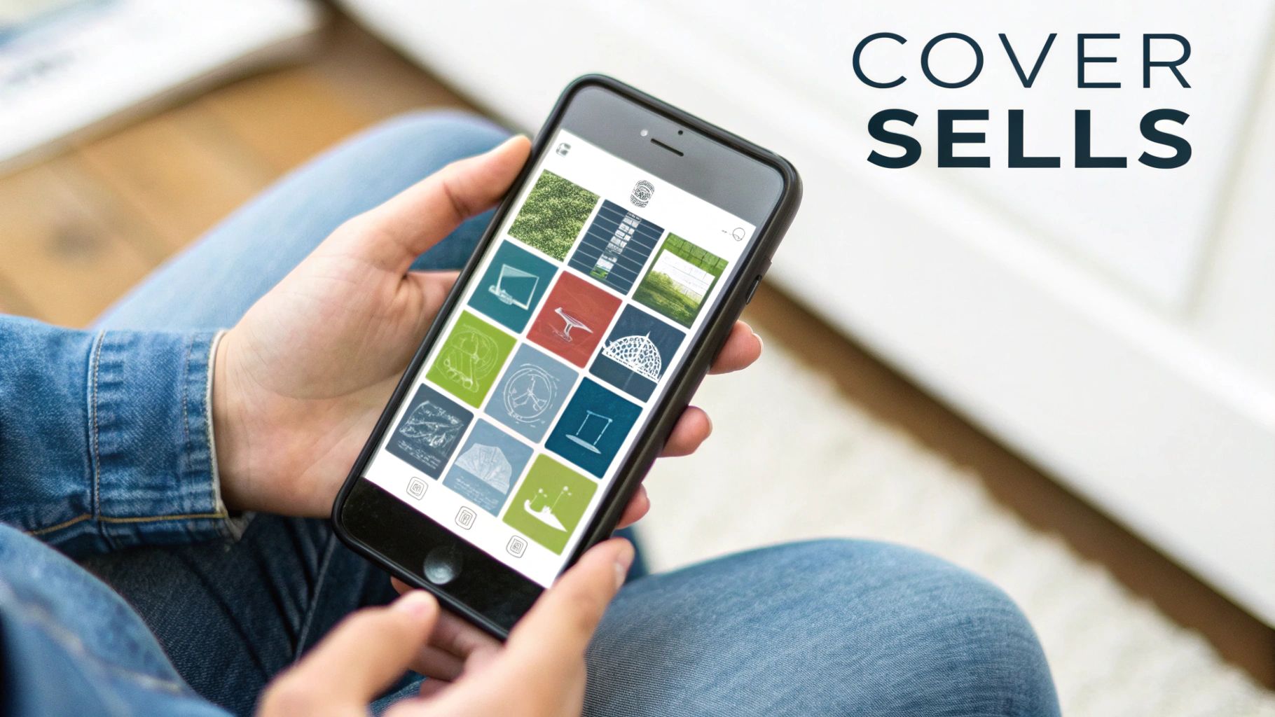 Person holding a smartphone displaying a gallery of diverse cover images for an app named 'COVER SELLS'.