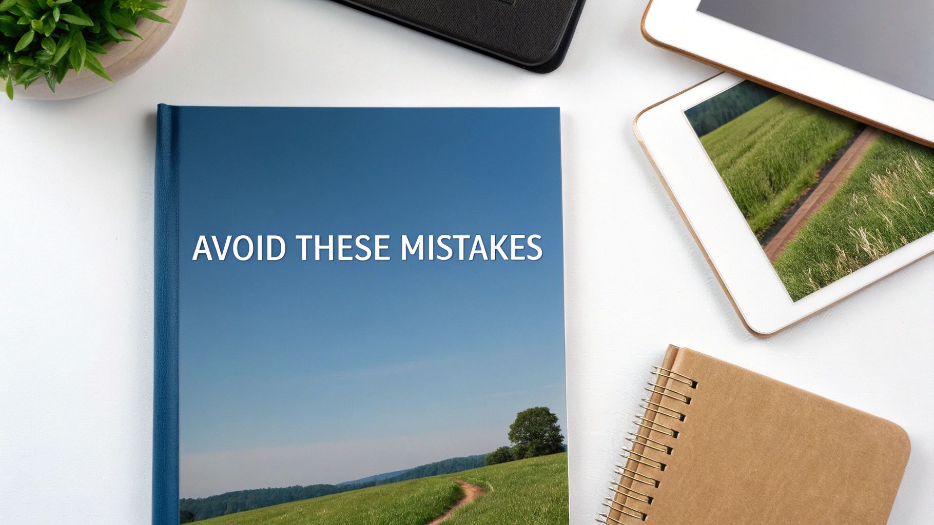Overhead view of a blue book titled 'AVOID THESE MISTAKES' on a desk with a plant and tablet.