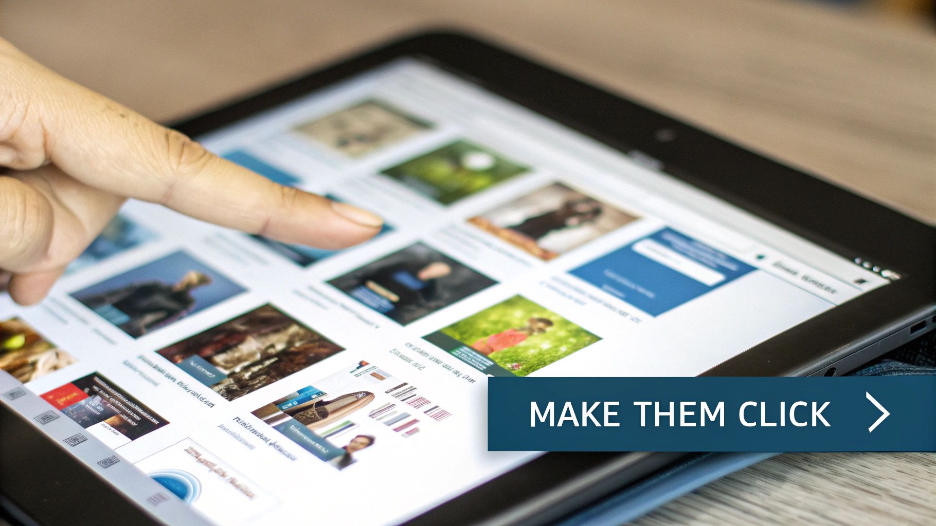 A hand touches a tablet screen displaying a grid of images, with a "MAKE THEM CLICK" banner.