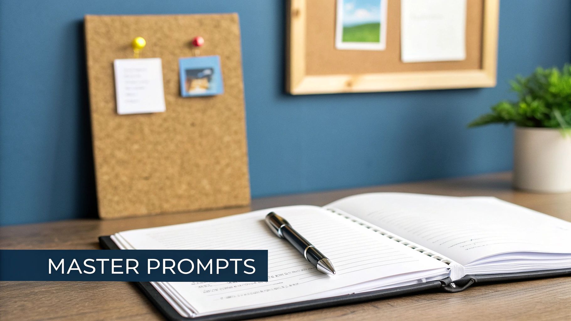 An open notebook with a pen on a wooden desk, with cork boards and a plant in the background.
