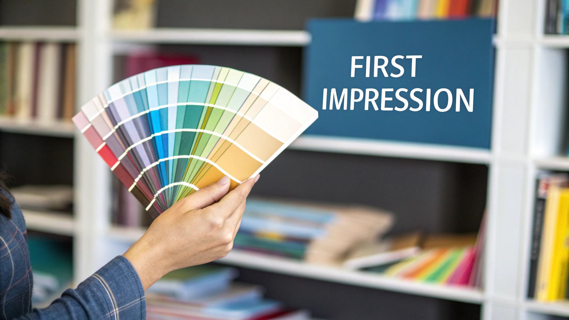 A hand holds a fan of various color swatches in front of a bookshelf and a 'FIRST IMPRESSION' sign.