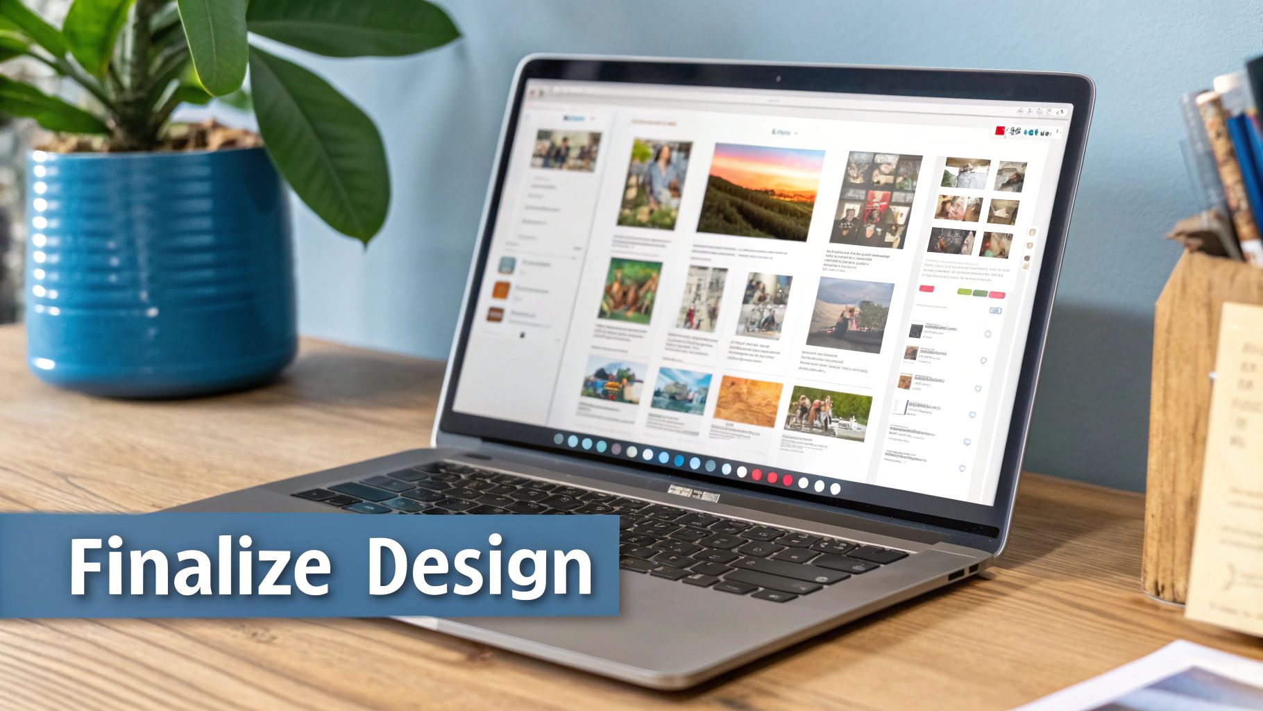 Laptop on a wooden desk displaying a photo gallery website, with a blue plant and a 'Finalize Design' banner.