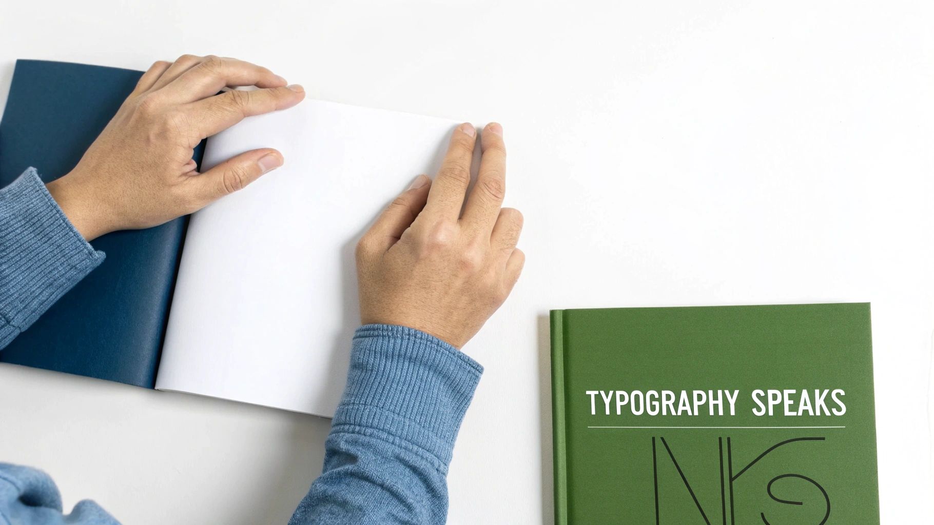 A person's hands turn pages of an open blue notebook, beside a green book titled 'Typography Speaks'.