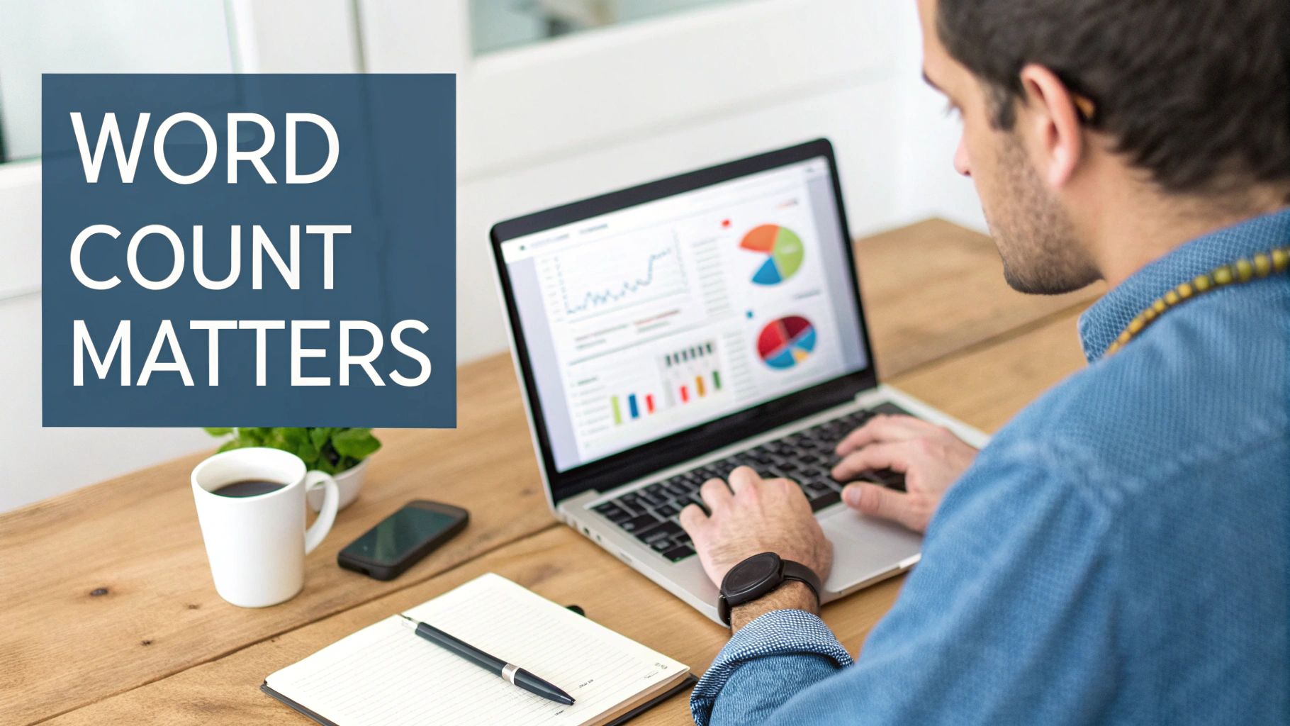 A man typing on a laptop displaying data charts, with a prominent text box stating 'WORD COUNT MATTERS'.
