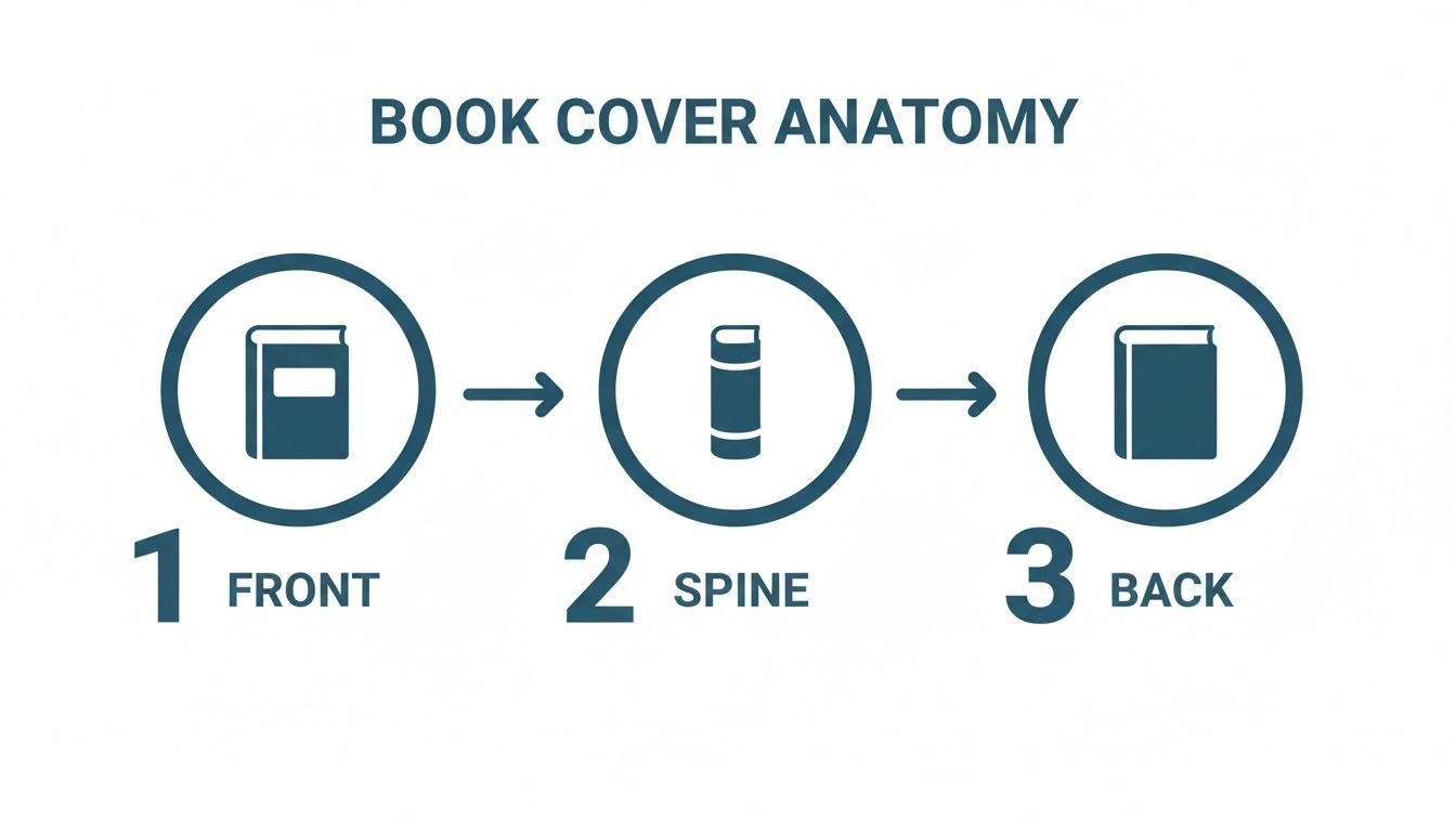 Diagram illustrating book cover anatomy showing front, spine, and back parts with corresponding icons.
