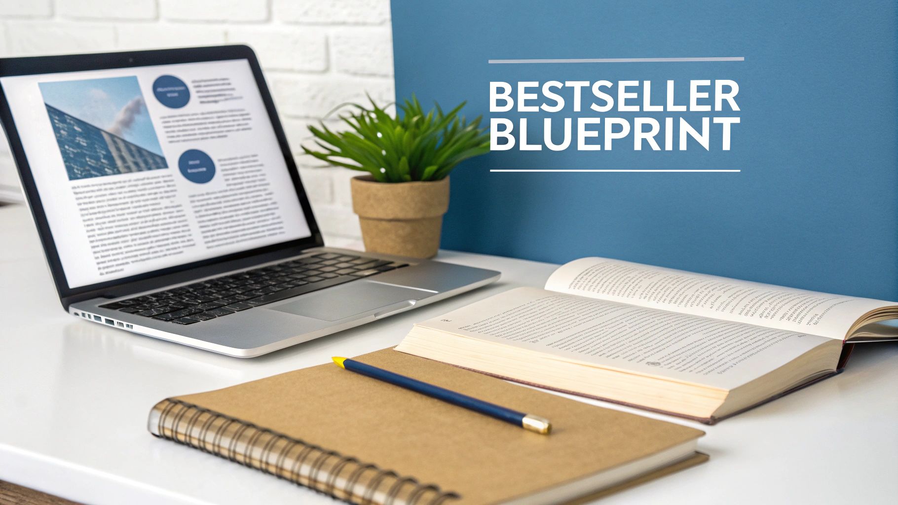 A desk with a laptop, open book, notebook, plant, and 'BESTSELLER BLUEPRINT' on a blue background.