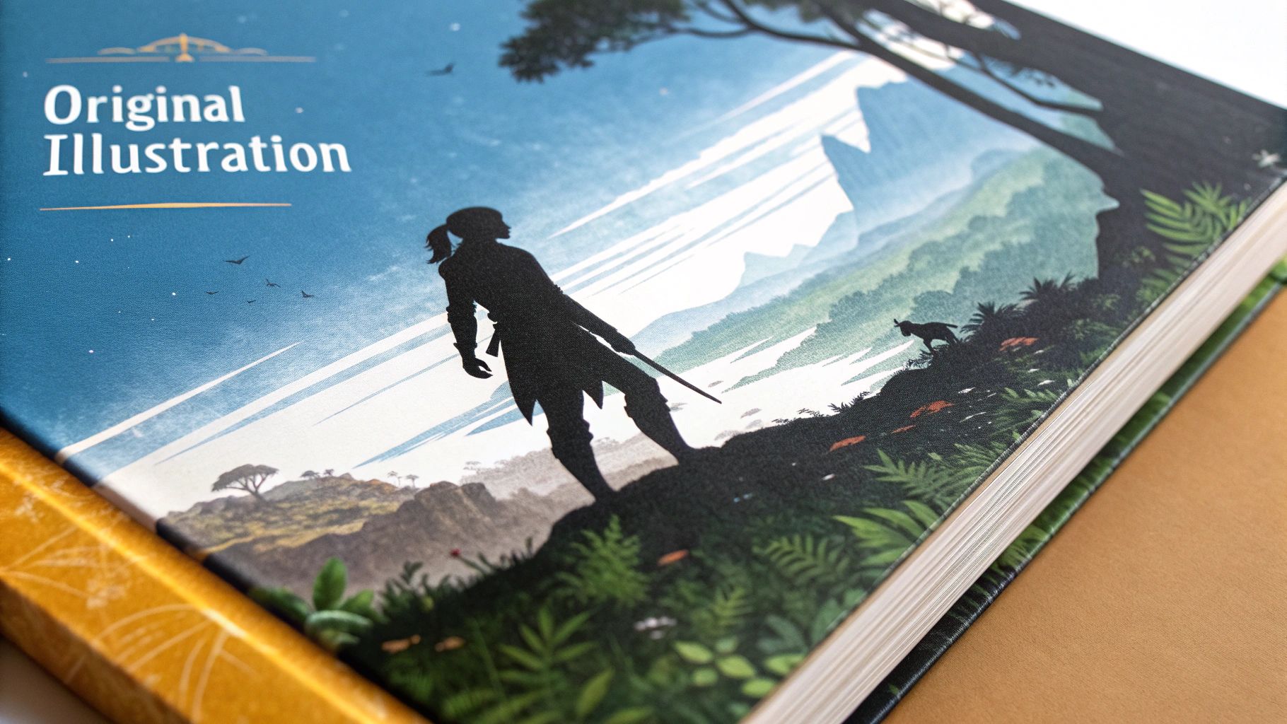 Close-up of a book cover featuring a silhouette of a person and dog in a vibrant, illustrated forest landscape.