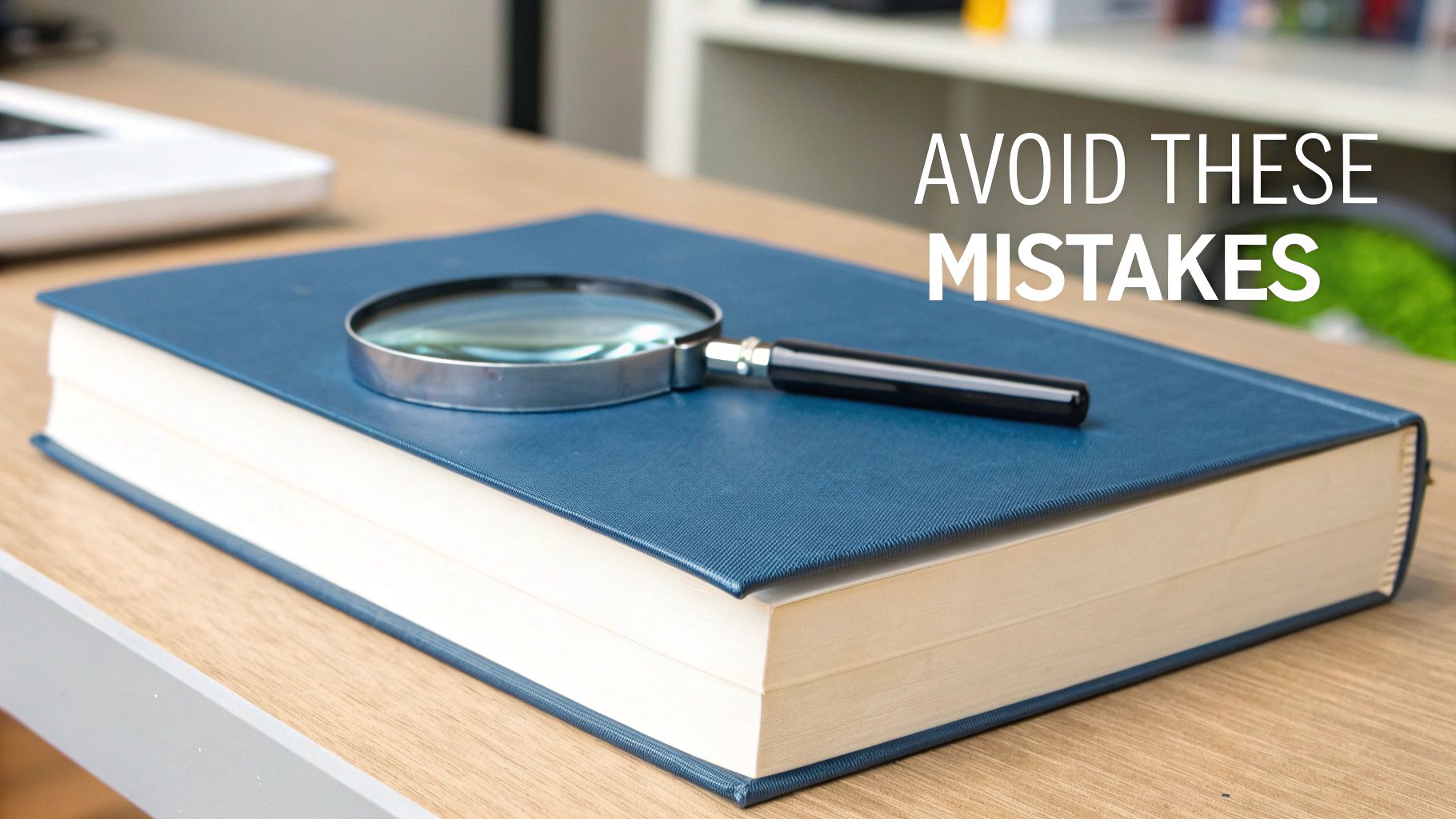 A blue-covered book with a magnifying glass on top and the text 'AVOID THESE MISTAKES' on a wooden desk.