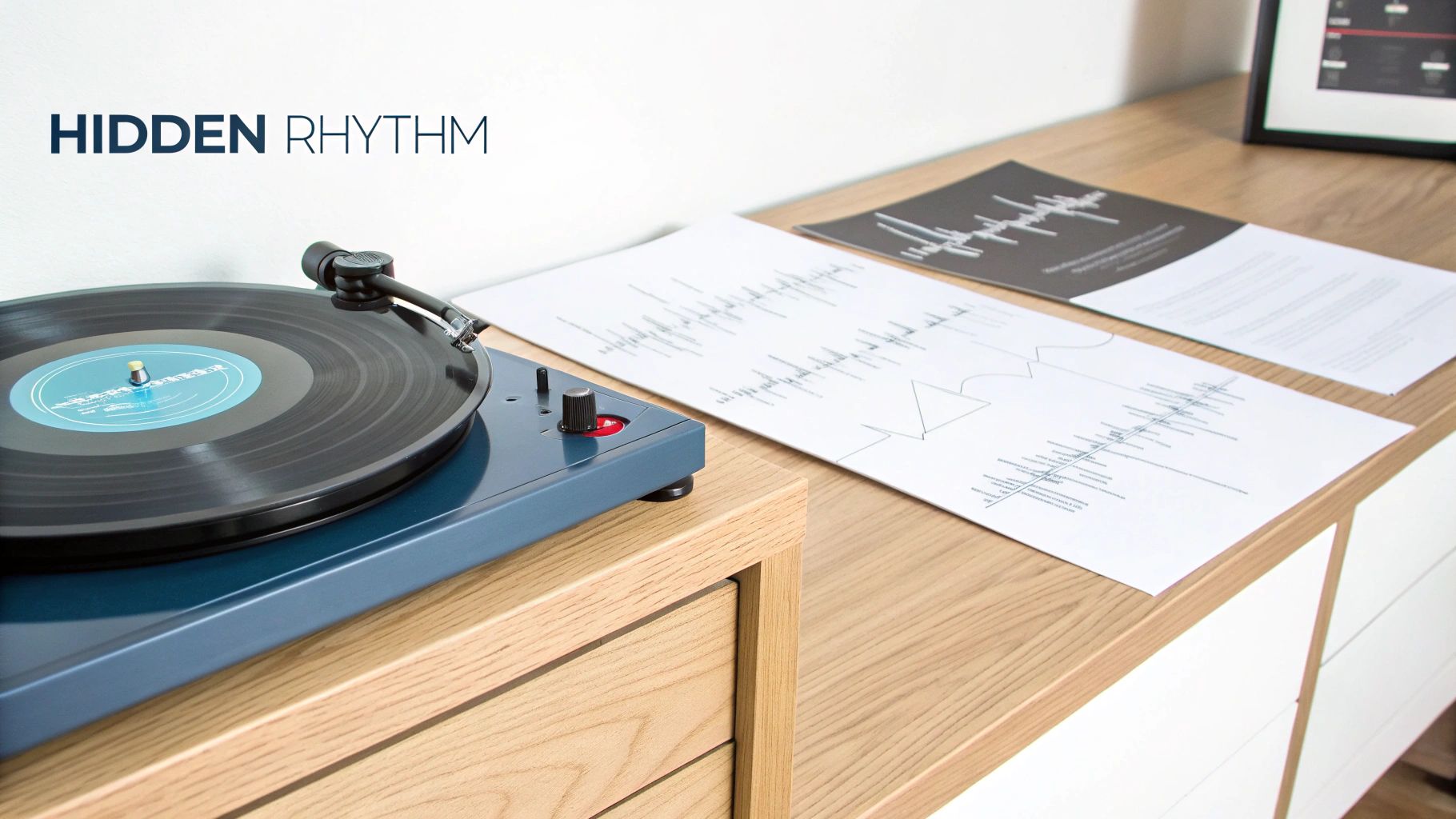 A stylish blue record player with a black vinyl record on a wooden surface, next to papers with graphic rhythms.
