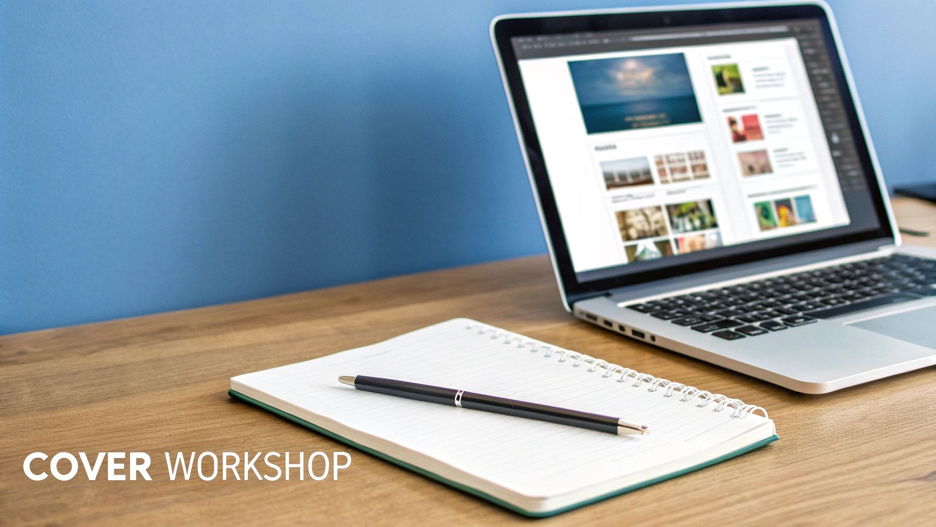 Laptop displaying a website, an open notebook with a pen, on a wooden desk against a blue wall.