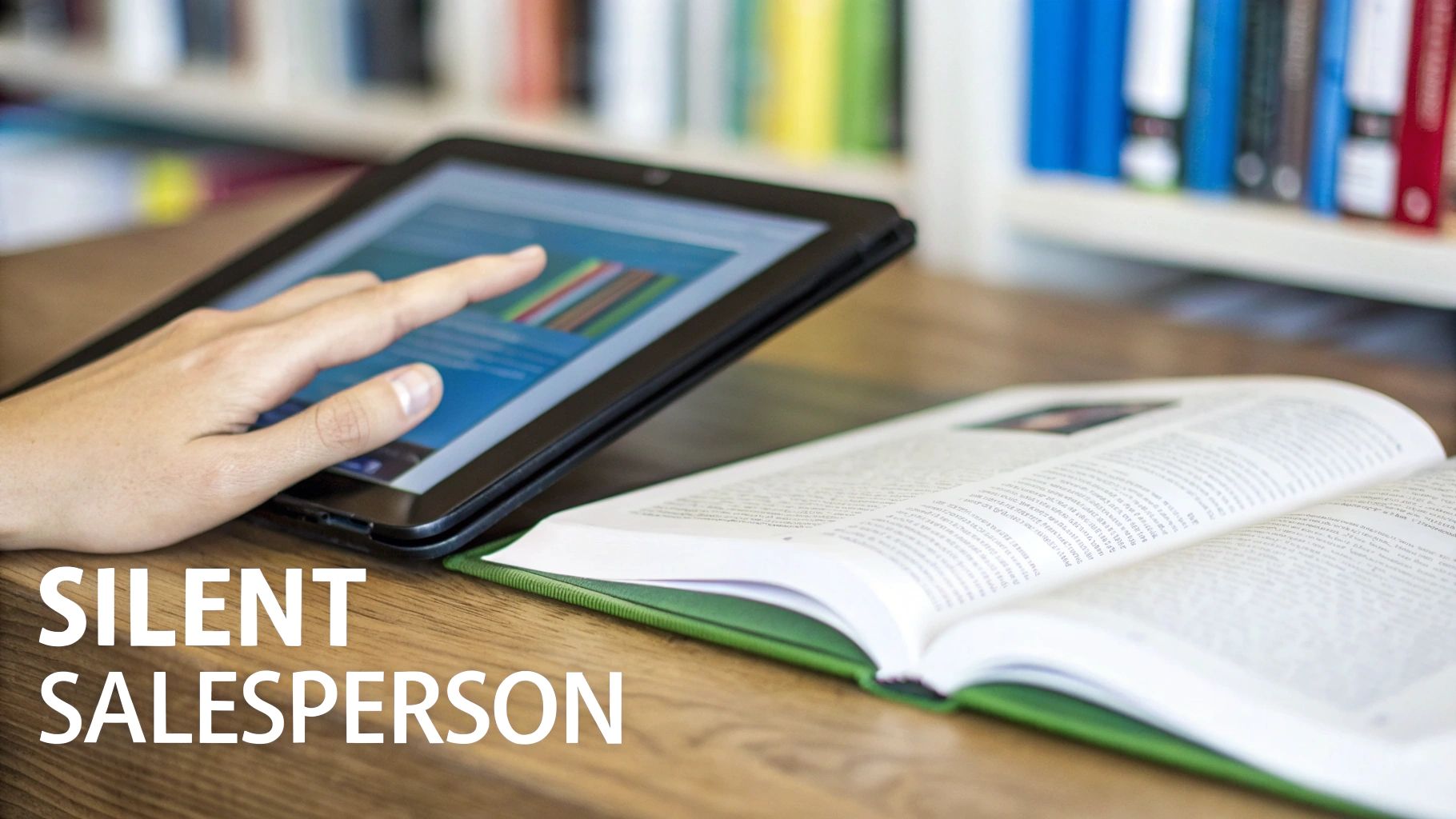 A person's hand taps a tablet displaying sales graphs, with an open book nearby on a wooden desk.