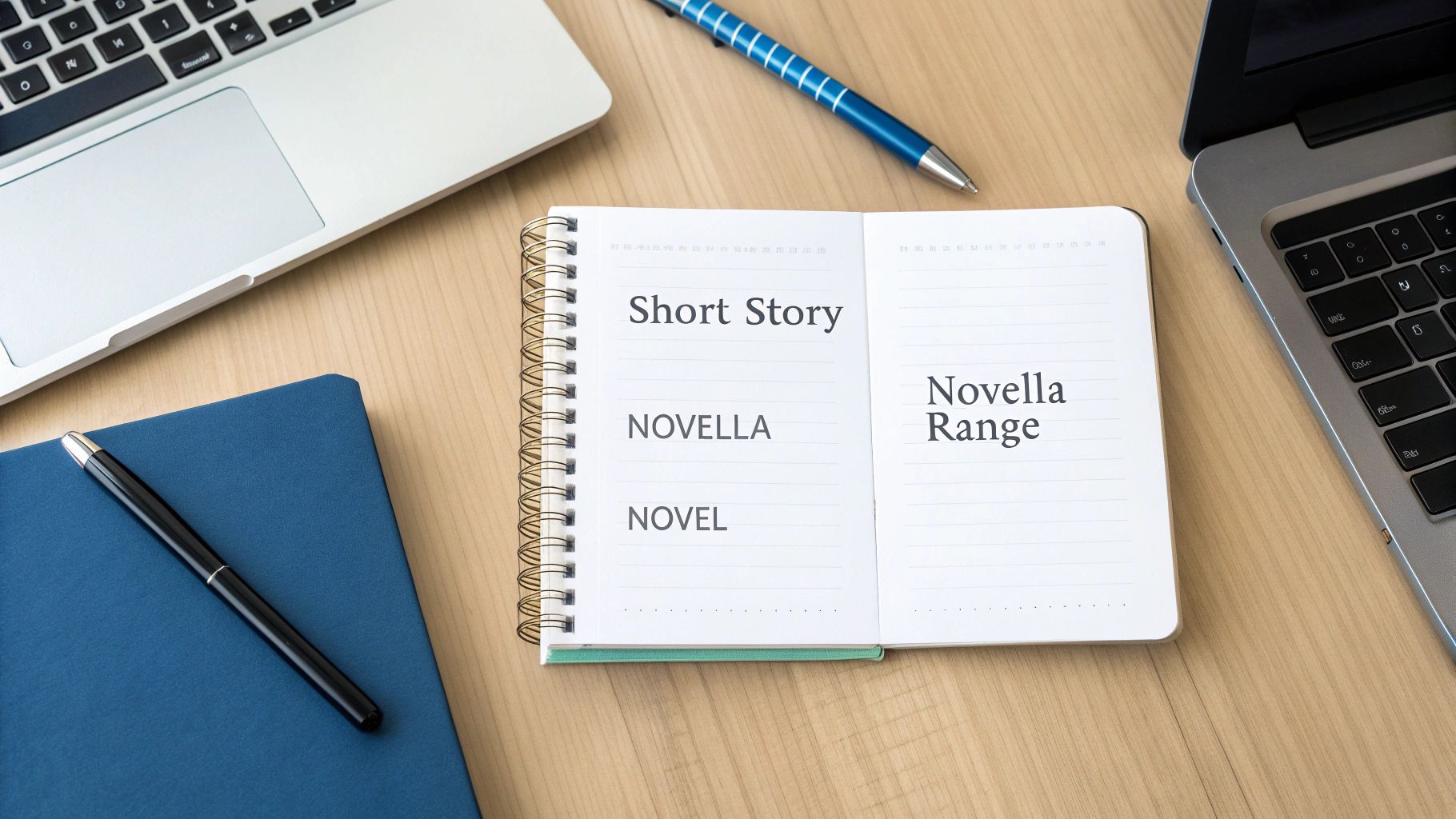 A flat lay of a workspace with an open notebook displaying 'Short Story', 'Novella', 'Novel', and 'Novella Range'.
