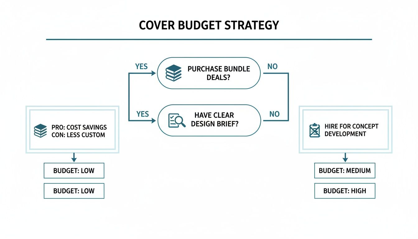 Flowchart illustrating budget strategy for cover design based on bundle deals and design brief.