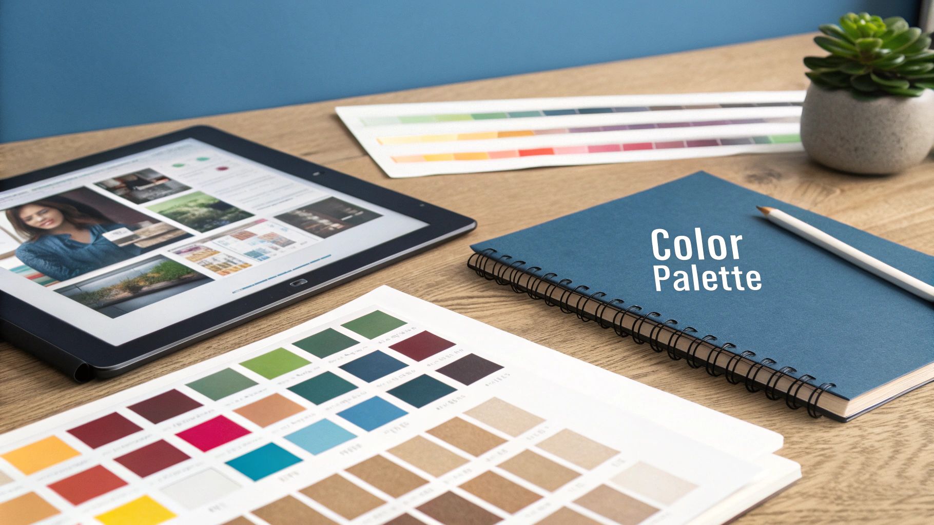 A desk setup featuring a tablet, various color swatch cards, and a blue notebook titled 'Color Palette'.