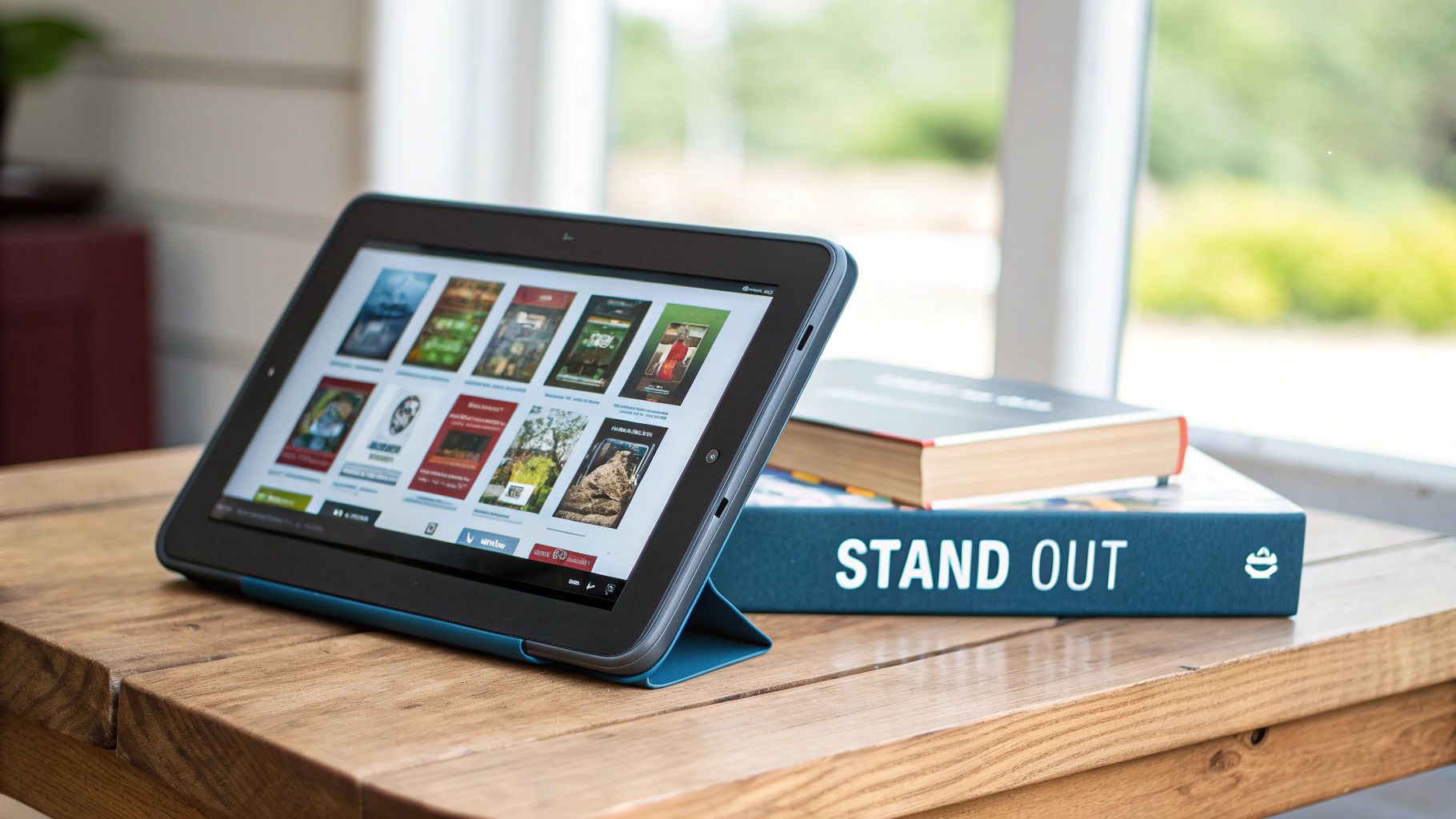 A tablet displaying book covers and physical books on a wooden table.