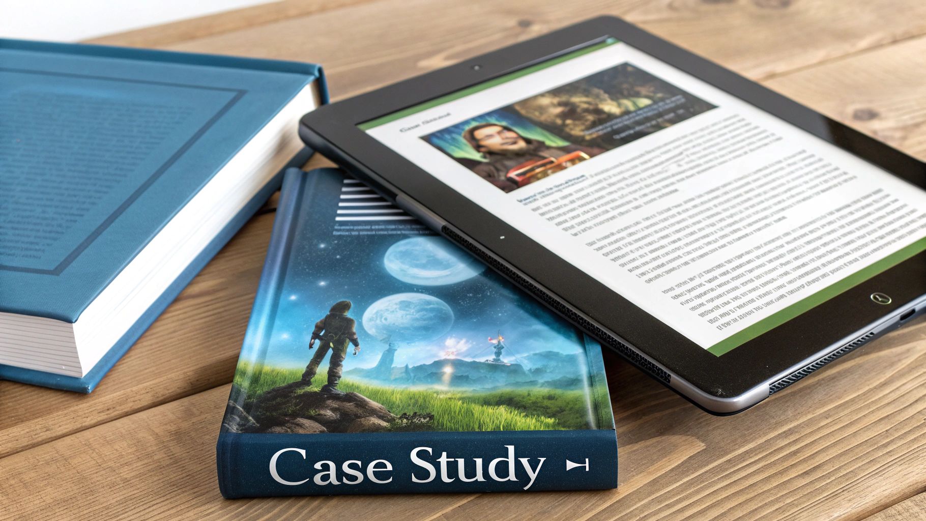 An open tablet displaying an e-book next to a 'Case Study' book and another blue book on a wooden table.