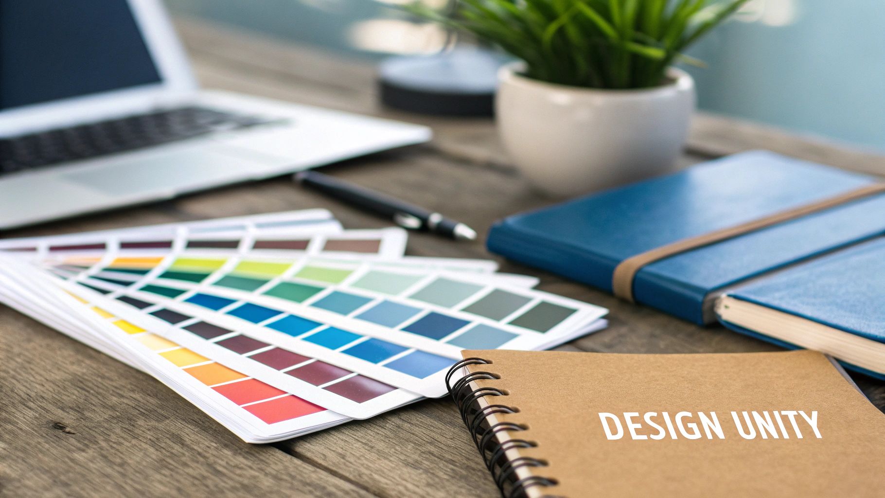 A design workspace with color swatches, a laptop, and a notebook stating 'DESIGN UNITY'.
