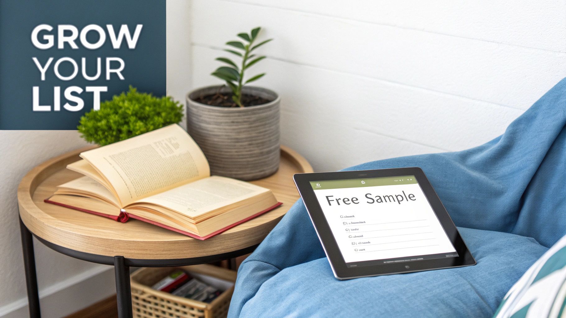A cozy setting with a tablet showing 'Free Sample', an open book, and a 'GROW YOUR LIST' banner.