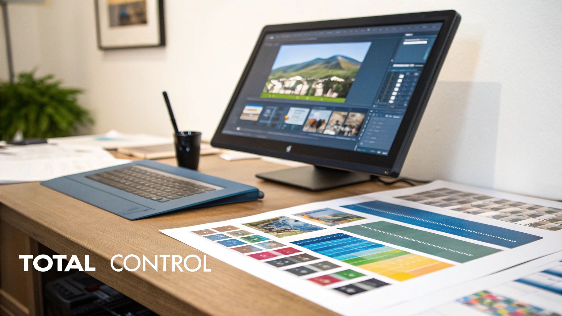 A creative workspace with a monitor displaying photo editing software, a laptop, and printed design proofs.