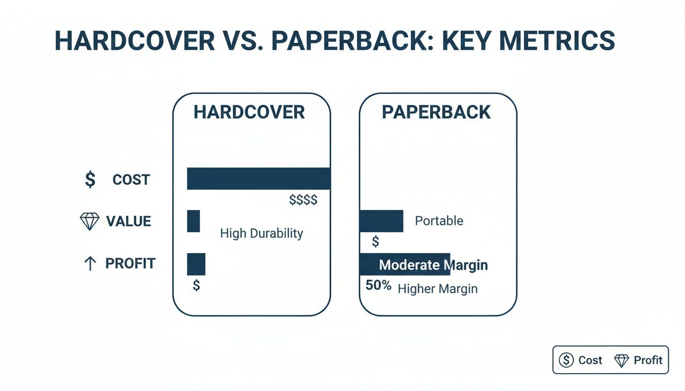 Infographic comparing hardcover and paperback books across key metrics: cost, value, and profit.
