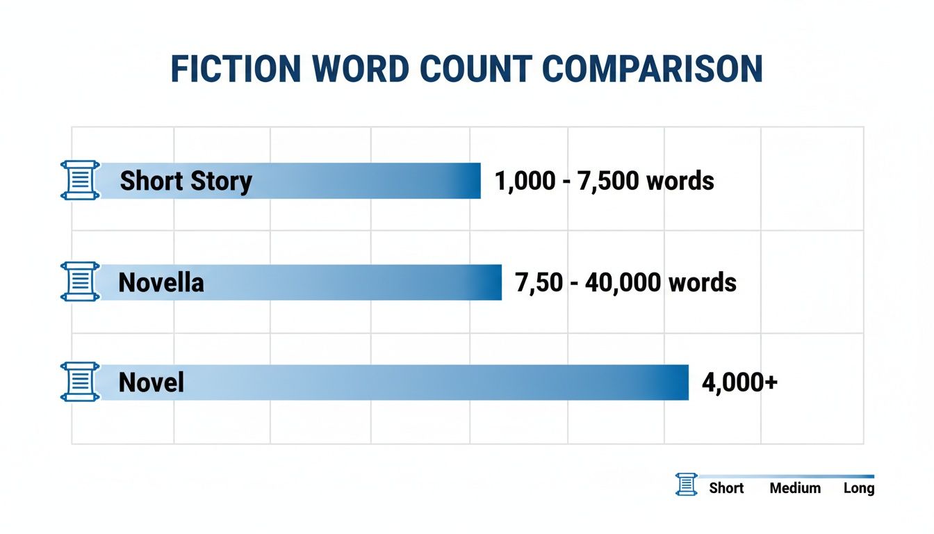 Bar chart comparing word counts for short stories, novellas, and novels in fiction.