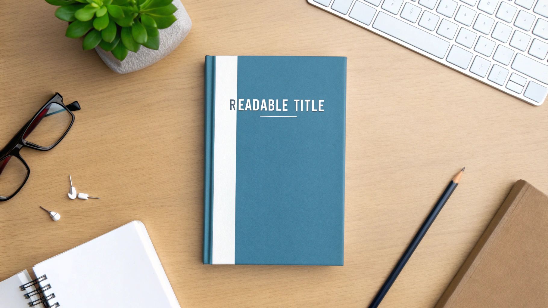 Overhead shot of a wooden desk with a blue book titled 'READABLE TITLE', glasses, and work items.