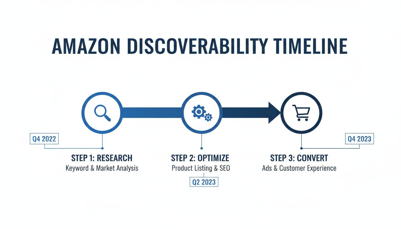 Amazon discoverability timeline showing research, optimization, and conversion steps from Q4 2022 to Q4 2023.