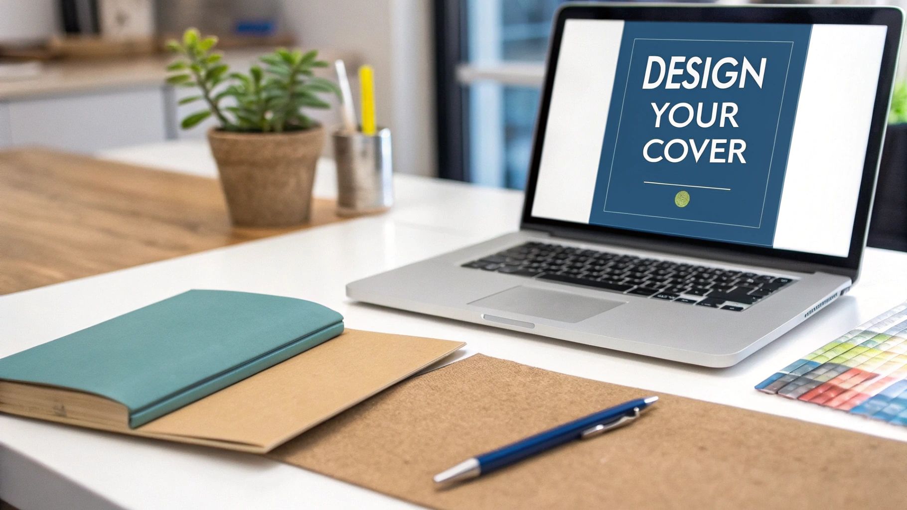 A laptop displaying 'DESIGN YOUR COVER' next to a teal book, pen, and color swatches on a desk.