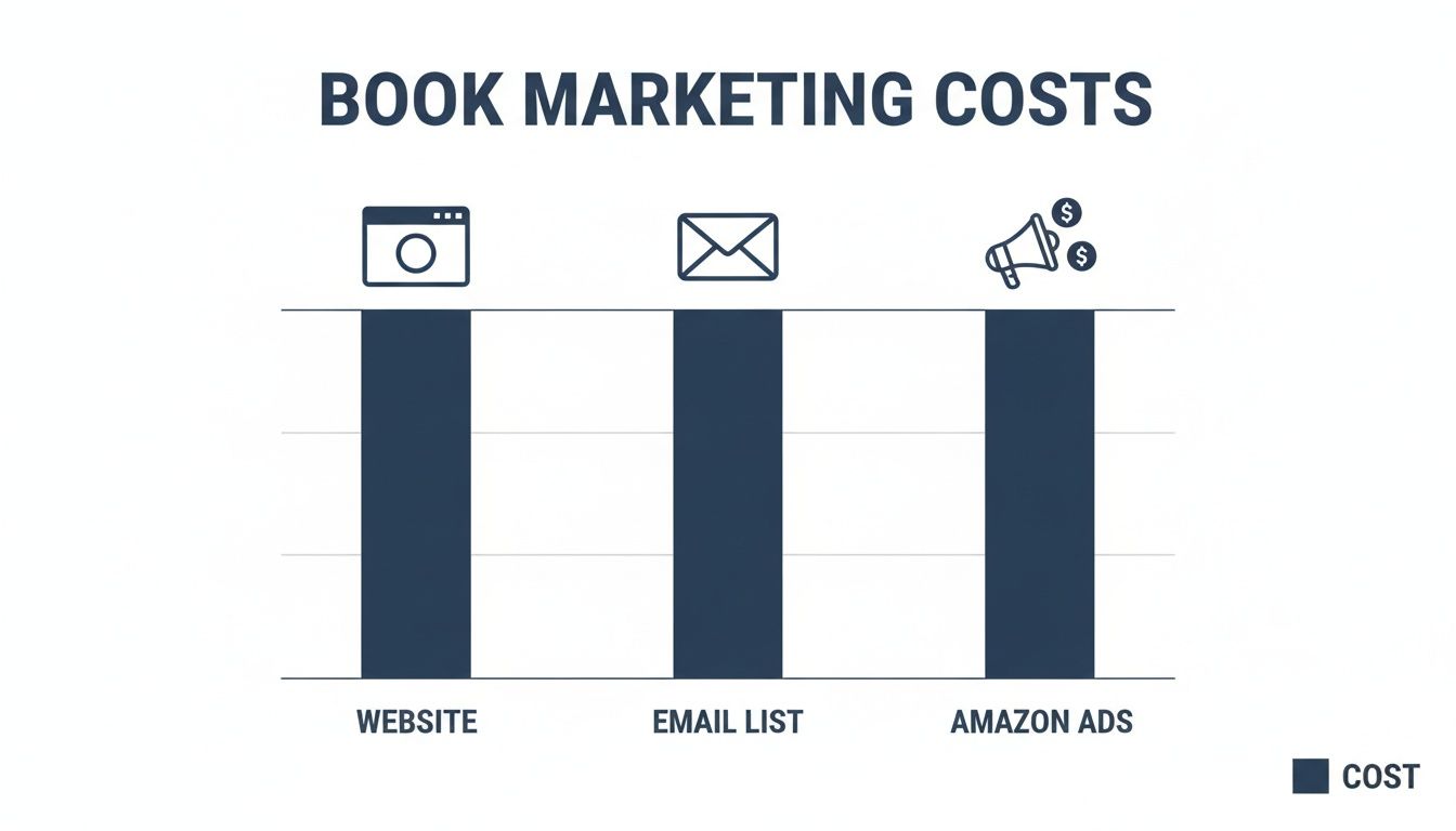 Bar chart illustrating equal book marketing costs across website, email list, and Amazon ads.