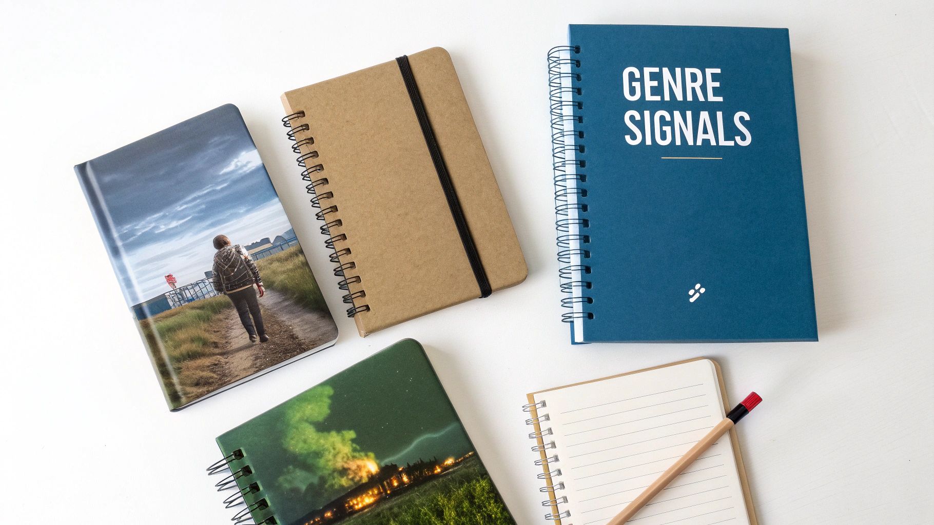 Overhead view of various notebooks, including one titled 'GENRE SIGNALS', and a pencil on a white surface.