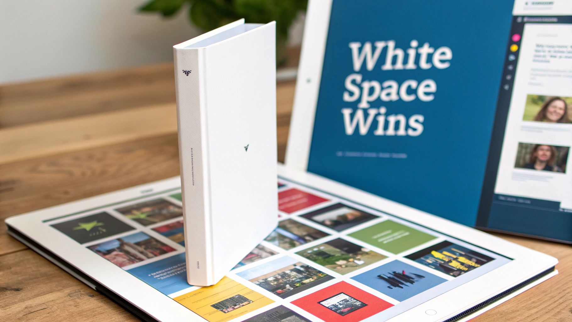 A clean white book stands on a tablet displaying design layouts, with another tablet showing 'White Space Wins'.