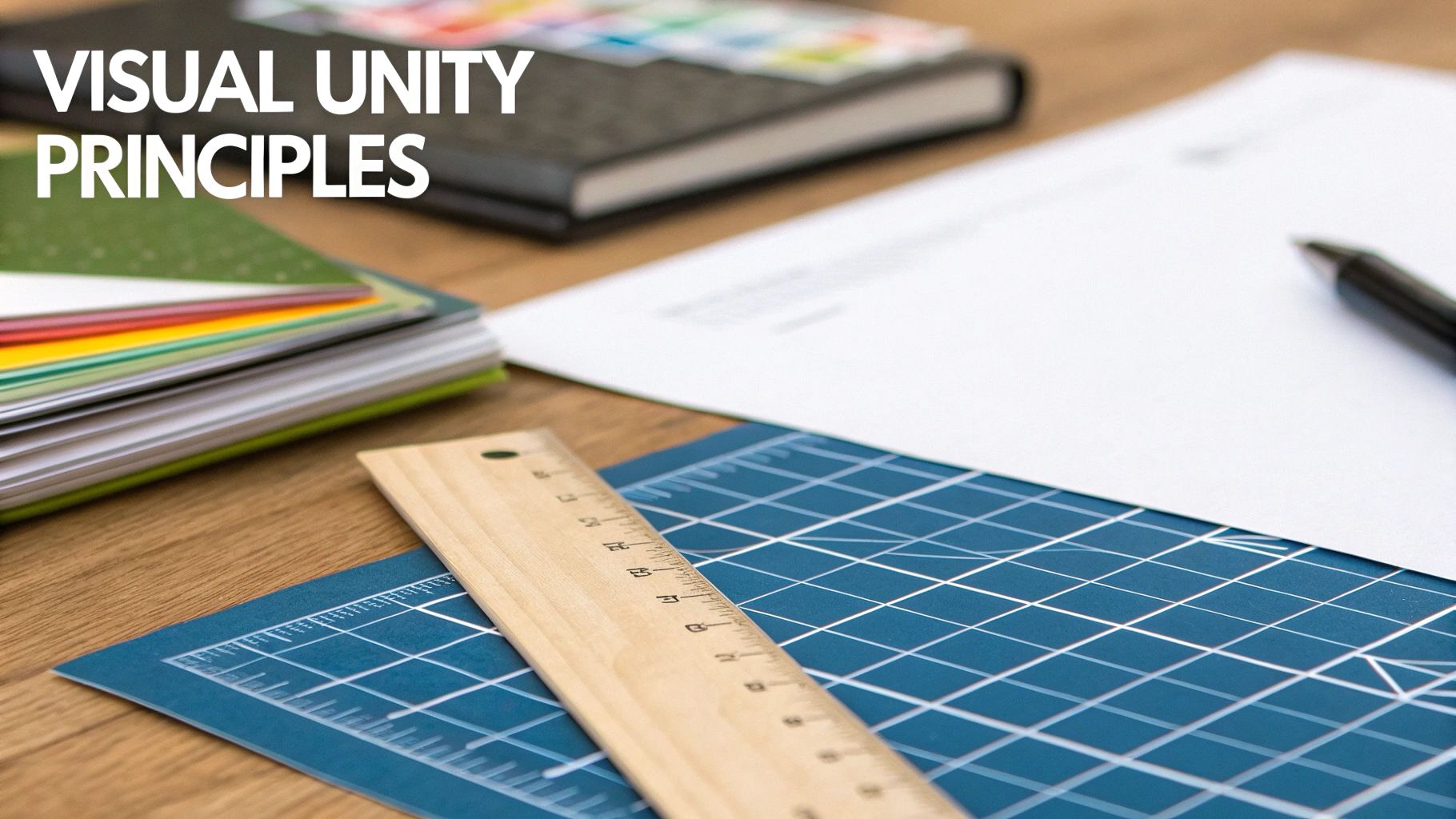 Design workspace with a ruler, cutting mat, notebooks, and pen, illustrating visual unity principles.