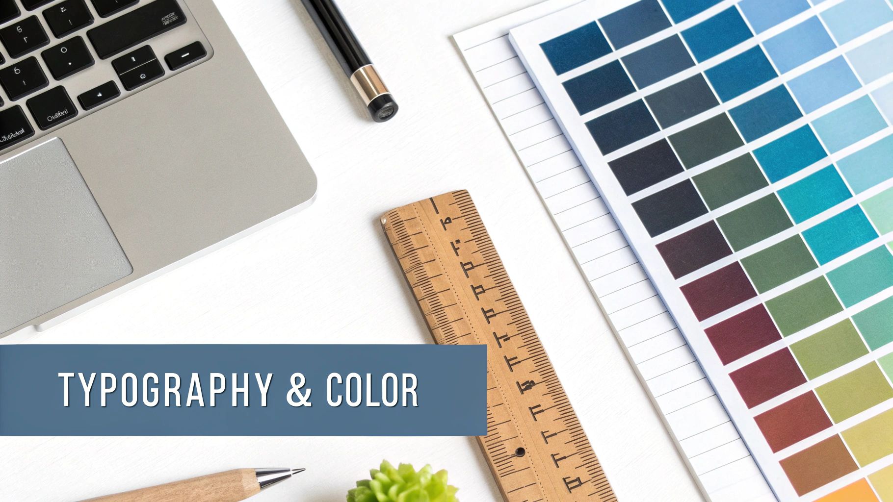 Flat lay of design tools on a white desk, including a laptop, color palette, ruler, and pens.