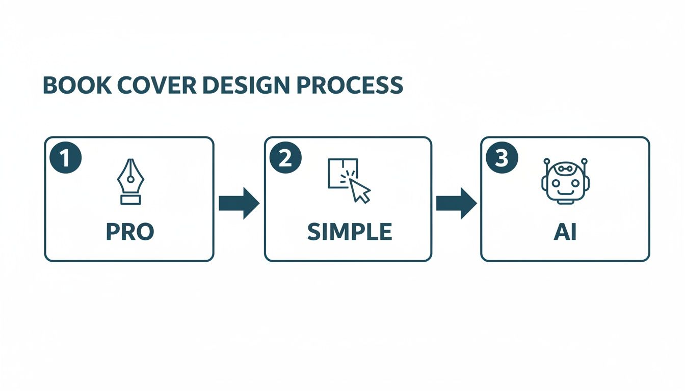A step-by-step infographic showing the book cover design process: Professional, Simple, and AI methods.