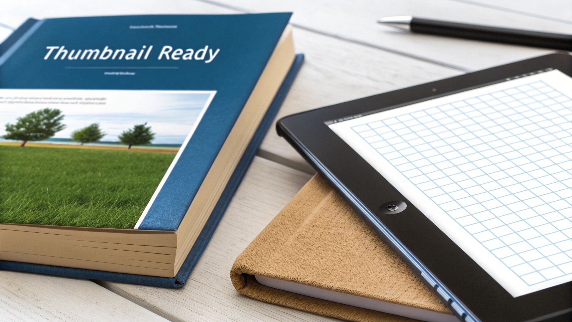 A blue book titled 'Thumbnail Ready' next to a tablet showing a grid and a black pen on a wooden table.