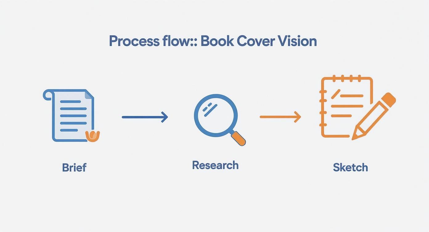 A visual process flow for book cover design showing brief, research, and sketch steps.