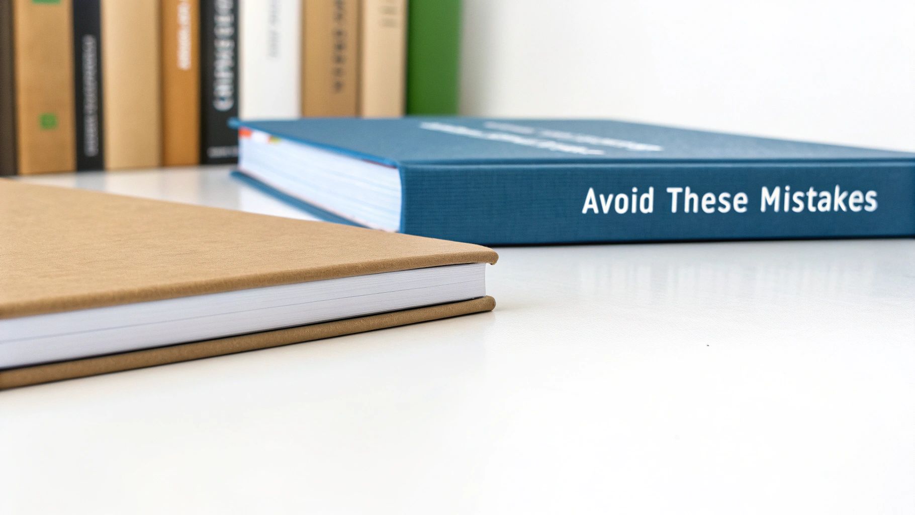 A brown book on a white desk with a blue book titled 'Avoid These Mistakes' in the background.