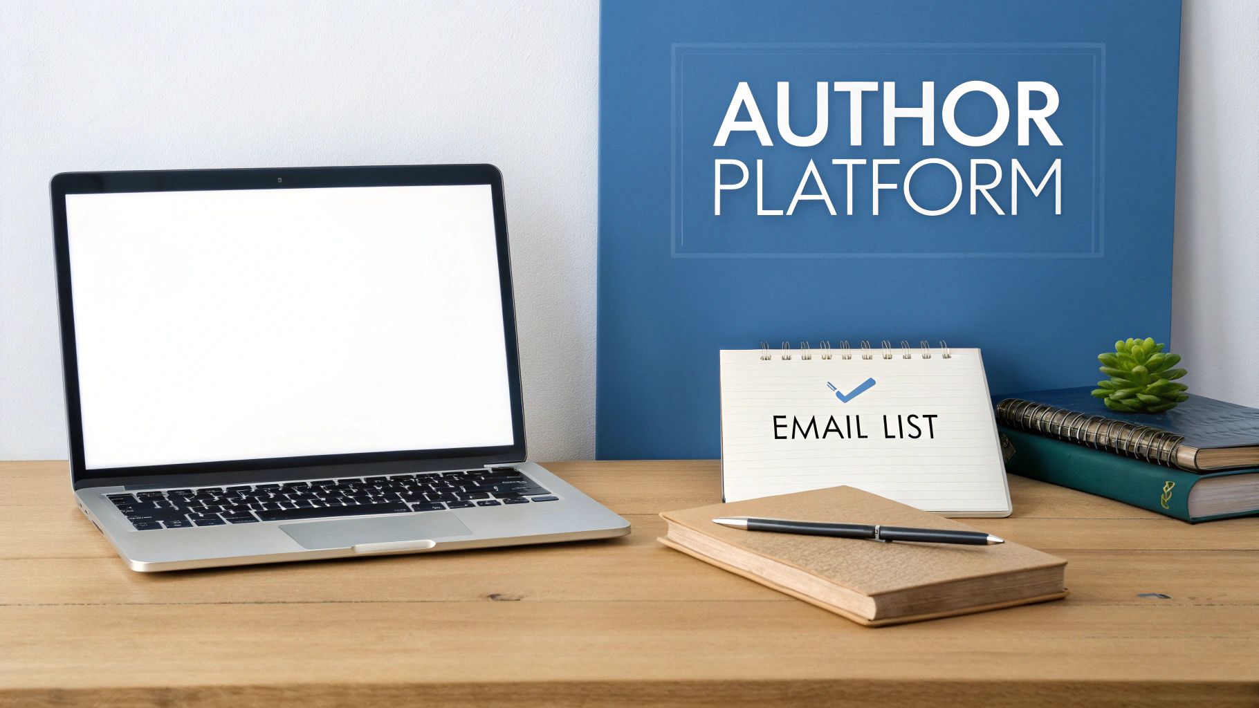 An author's desk with a laptop, a sign for 'AUTHOR PLATFORM', and a notepad for 'EMAIL LIST'.